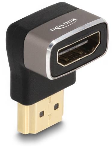 Ein HDMI-Winkeladapter mit schwarzem und goldfarbenem Gehäuse, ermöglicht vertikale Anschlüsse in engen Räumen.
