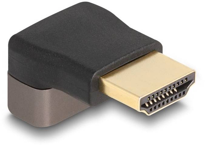 HDMI-Winkeladapter in Schwarz und Gold, der eine HDMI-Verbindung in kleinen Räumen ermöglicht, indem er die Richtung des Kabels ändert.