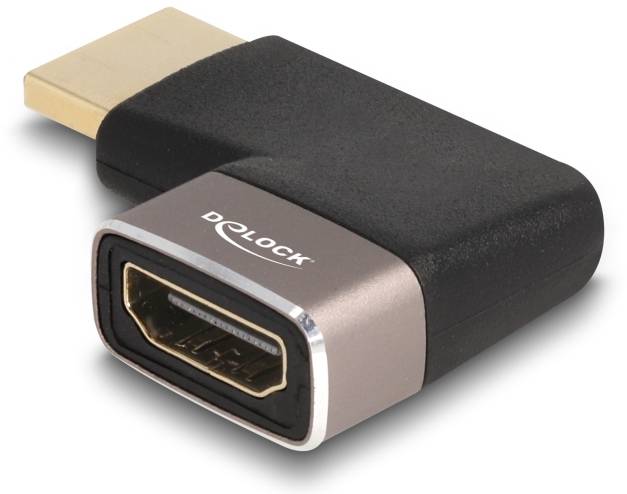 HDMI-Winkeladapter mit goldenem Anschluss und schwarzem Gehäuse, ideal für enge Räume zur Verbindung von HDMI-Kabeln.