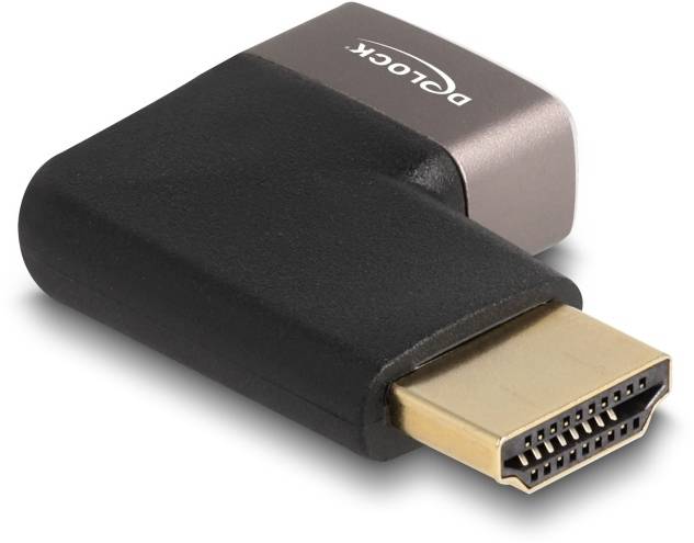 HDMI-Winkeladapter, schwarz und silber, ermöglicht rechtwinklige Verbindung für HDMI-Kabel, reduziert den Platzbedarf hinter Geräten.