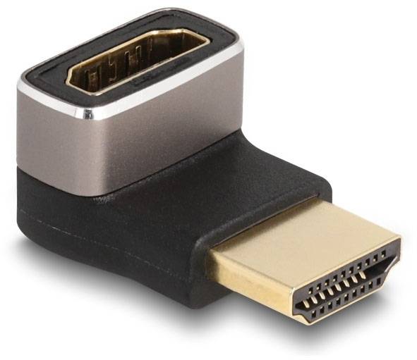 Ein HDMI-Winkeladapter aus Metall und Kunststoff, der einen Stecker und eine Buchse im rechten Winkel verbindet.