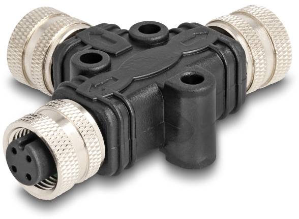 Ein schwarzer T-Stecker mit metallischen Schraubverschlüssen, geeignet für elektrische Verbindungen in industriellen Anwendungen.