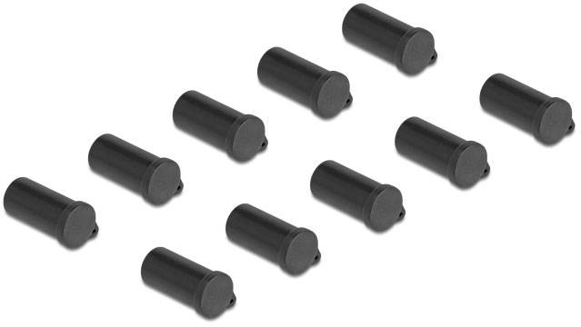 Neun schwarze, zylinderförmige Schutzkappen aus Kunststoff, in einem Muster angeordnet.