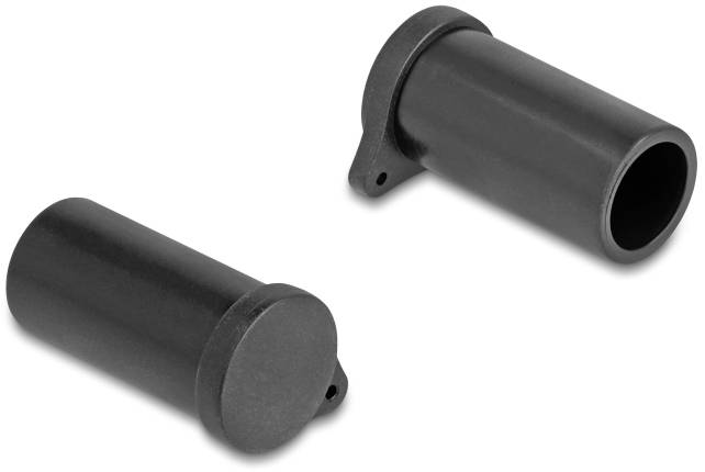 Zwei schwarze zylindrische Kunststoffhülsen, eine stehend, die andere seitlich liegend. Beide haben flache Enden mit einer kleinen Lasche.