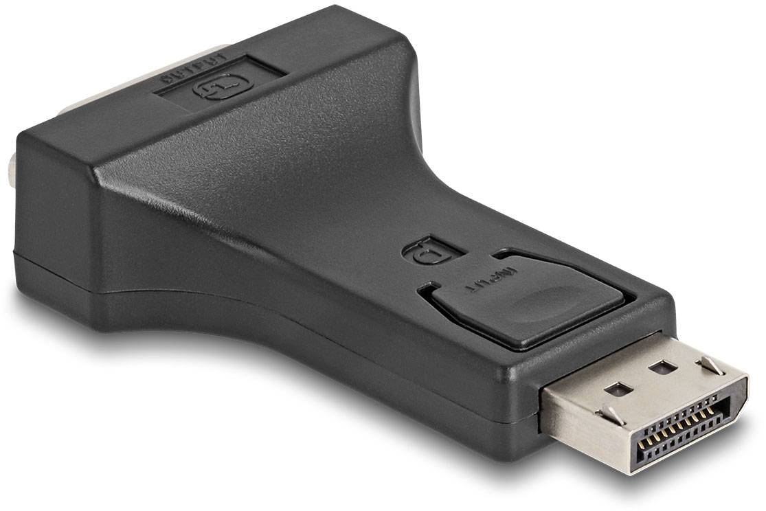 Ein schwarzer Adapter mit einem DisplayPort-Anschluss auf der einen Seite und einem DVI-Anschluss auf der anderen Seite.