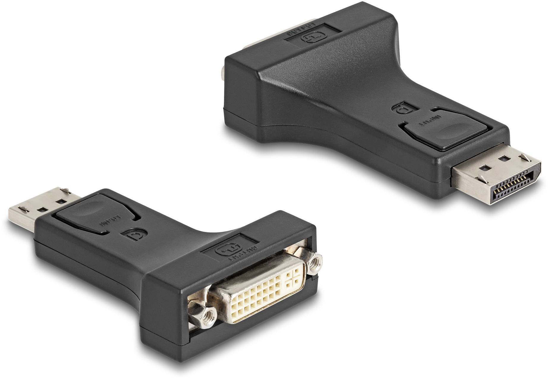 Zwei Adapter; einer zeigt einen DisplayPort- und der andere einen DVI-Anschluss. Sie sind schwarz und haben geformte Steckverbinder.