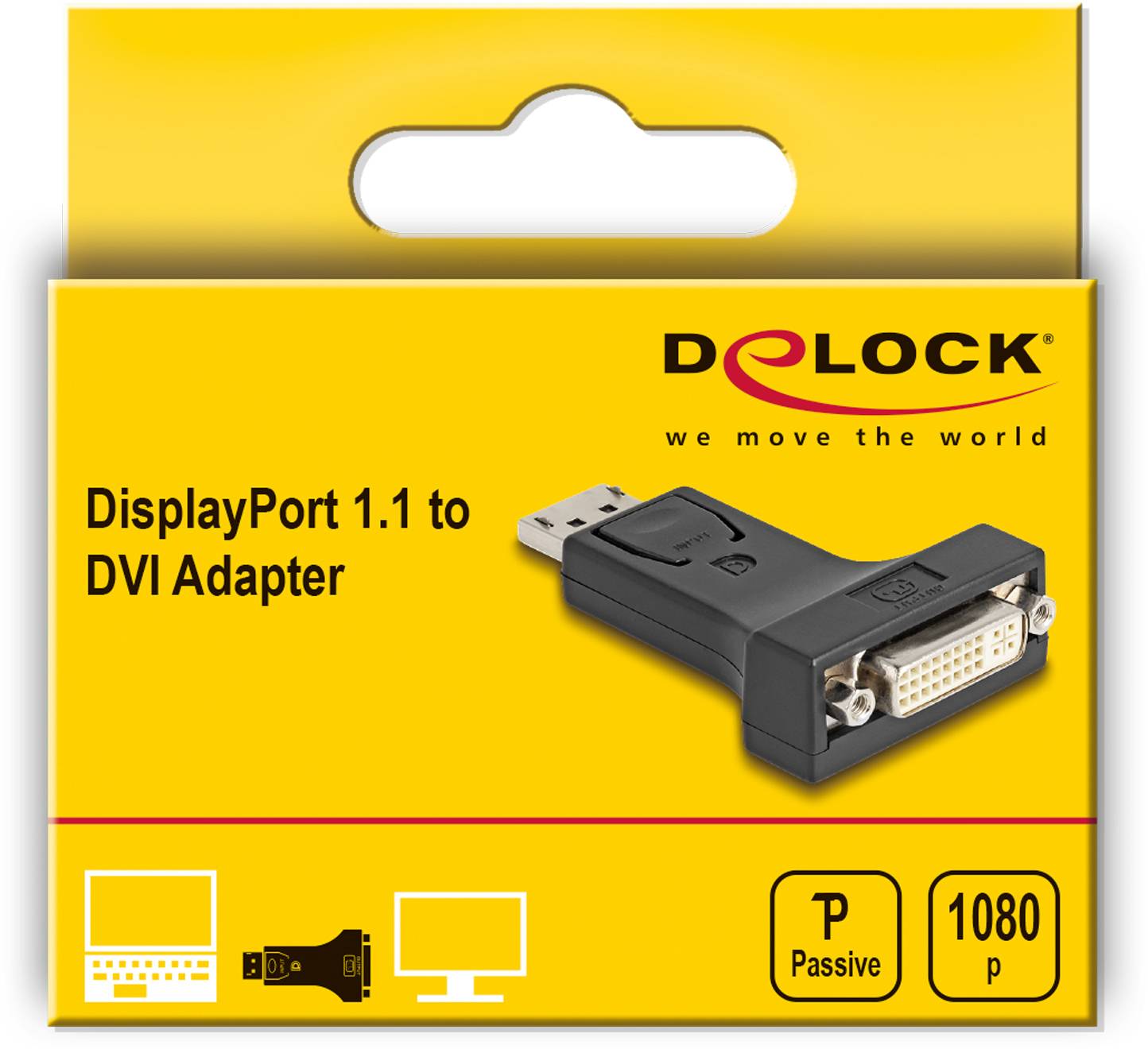 Gelbe Verpackung eines DisplayPort 1.1 zu DVI Adapters der Marke Delock, geeignet für passive Übertragung, Full HD 1080p.
