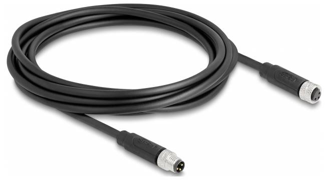 Ein schwarzes Koaxialkabel mit einem männlichen und einem weiblichen Stecker, geeignet für elektrische Verbindungen in Audio- oder Videoanwendungen.