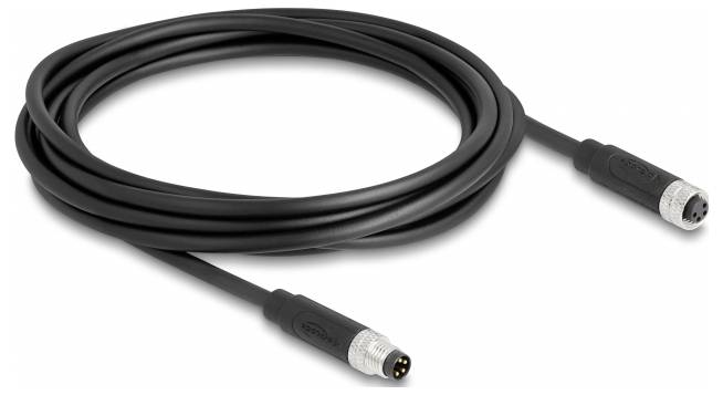 Ein langes, schwarzes Audiokabel mit runden Steckverbindern an beiden Enden, möglicherweise für professionelle Audioanwendungen geeignet.