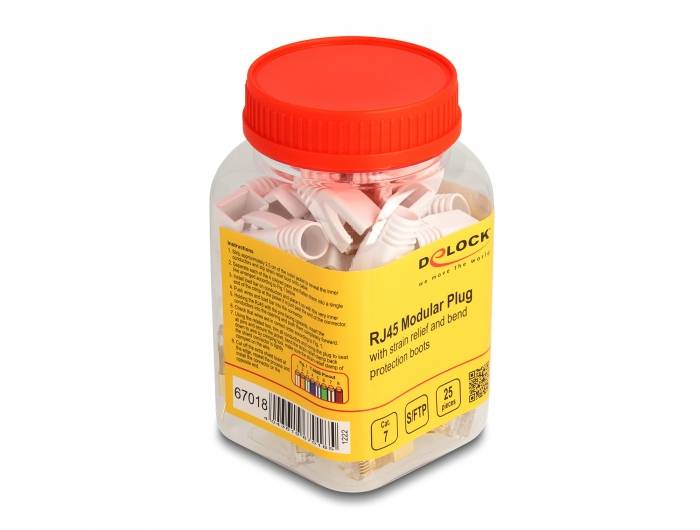 Delock 67018 RJ45 Modularer Stecker mit Zugentlastung und Knickschutztülle für Cat.7 Rundkabel 25er Set 67018 Gold, Weiß 1St.