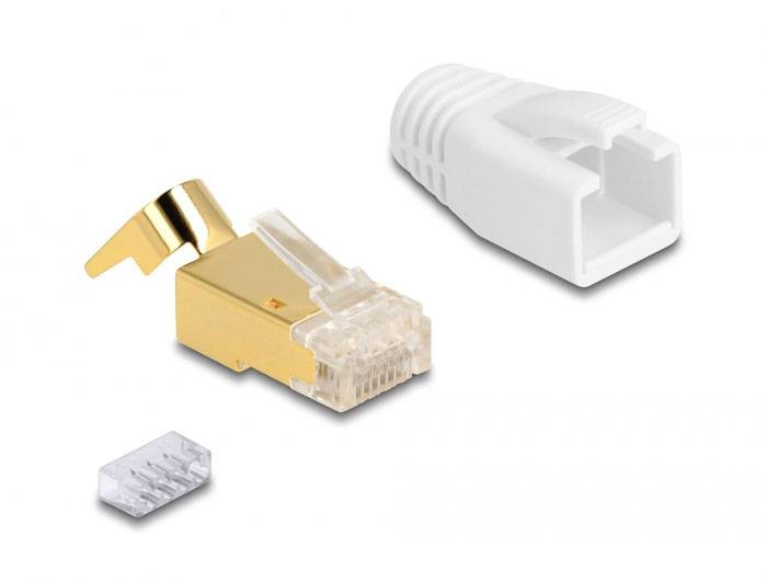Delock 67018 RJ45 Modularer Stecker mit Zugentlastung und Knickschutztülle für Cat.7 Rundkabel 25er Set 67018 Gold, Weiß 1St.