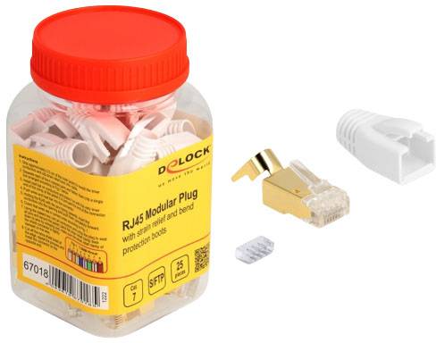 Delock 67018 RJ45 Modularer Stecker mit Zugentlastung und Knickschutztülle für Cat.7 Rundkabel 25er Set 67018 Gold, Weiß 1St.