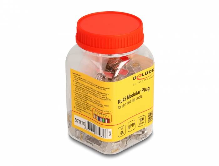 Delock 67019 RJ45 Modularer Stecker Cat.6A für Slim und Flachbandkabel 100er Set 67019 Weiß 1St.