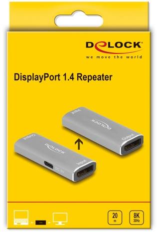 'DisplayPort 1.4 Repeater' von Delock: Verstärkt das DisplayPort-Signal bis zu 20 Meter. Unterstützt 8K-Auflösung bei 32Hz.