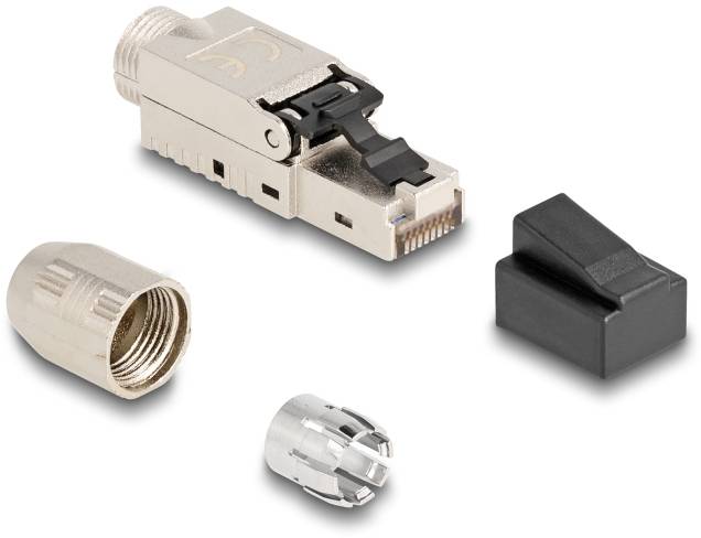 Delock 87988 RJ45 Stecker feldkonfektionierbar Cat.6A mit Kabelverschraubung und Staubschutz werkzeugfrei 87988 Silber 1St.