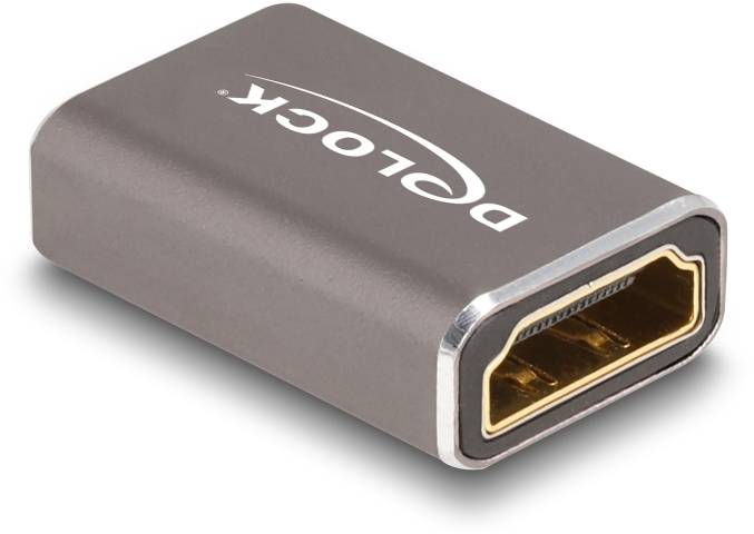 Ein grauer Adapter mit HDMI-Buchse, markiert mit 'Delock'.