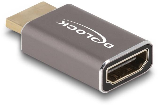 Ein HDMI-zu-USB-C-Adapter von Delock, metallisch braun, für den Anschluss von HDMI-fähigen Geräten an USB-C-Anschlüsse.