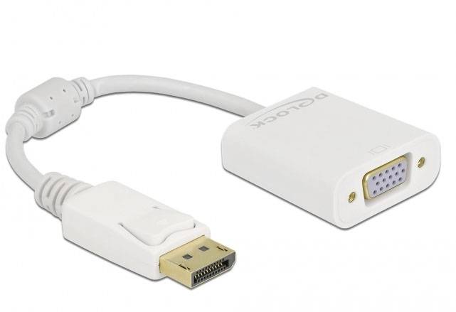 Ein weißes Adapterkabel mit einem DisplayPort-Stecker und einem VGA-Anschluss. Das Delock-Logo ist auf dem Adaptergehäuse sichtbar.