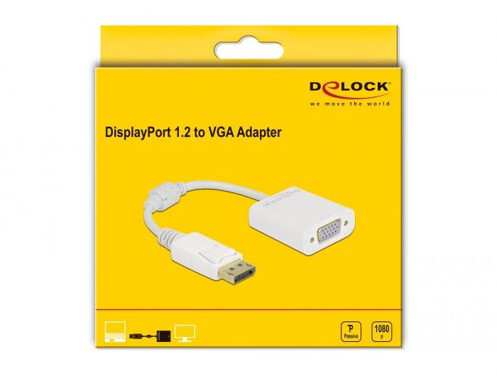 'DisplayPort 1.2 to VGA Adapter' Produktverpackung mit Bild des Adapters, Firmenlogo und Hinweis auf 1080p Unterstützung.