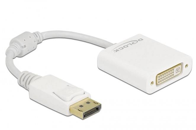 Weißes Adapterkabel zum Konvertieren von DisplayPort zu DVI, geeignet für die Verbindung zwischen Computern und Monitoren.