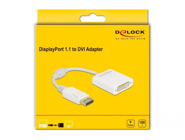 Darstellung einer Verpackung für einen DeLock DisplayPort 1.1 zu DVI Adapter, zeigt den Adapter und seine Anschlüsse.