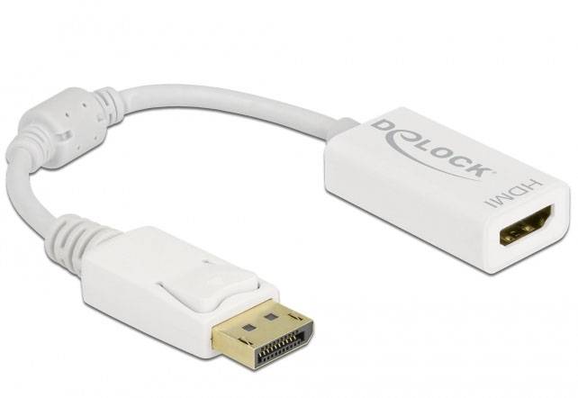 Adapterkabel mit einem DisplayPort-Stecker auf der einen Seite und einer HDMI-Buchse auf der anderen Seite, weißes Design.