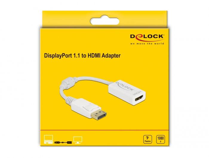 Verpackung eines 'DisplayPort 1.1 to HDMI Adapter' von Delock. Zeigt das Bild eines Adapters mit DisplayPort- auf HDMI-Anschluss.