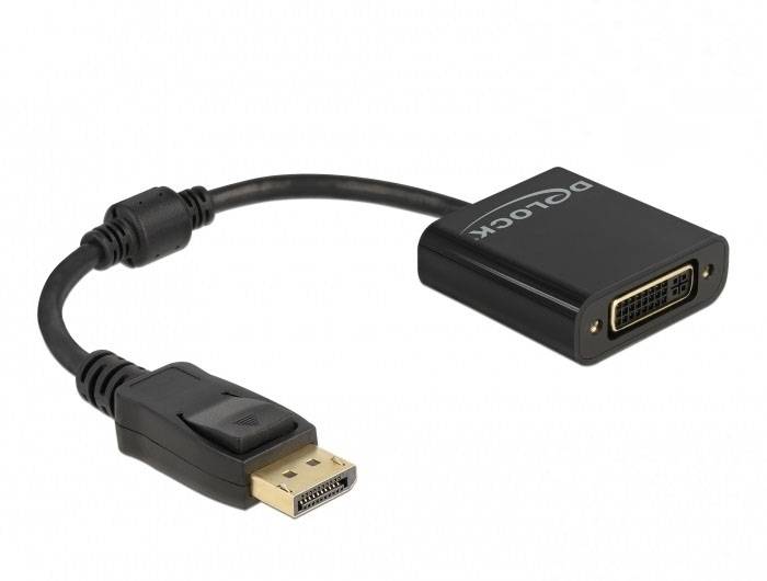 DisplayPort-zu-DVI-Adapterkabel; schwarz; konvertiert DisplayPort Ausgänge zu DVI Eingängen für Videoübertragung; Delock-Marke.