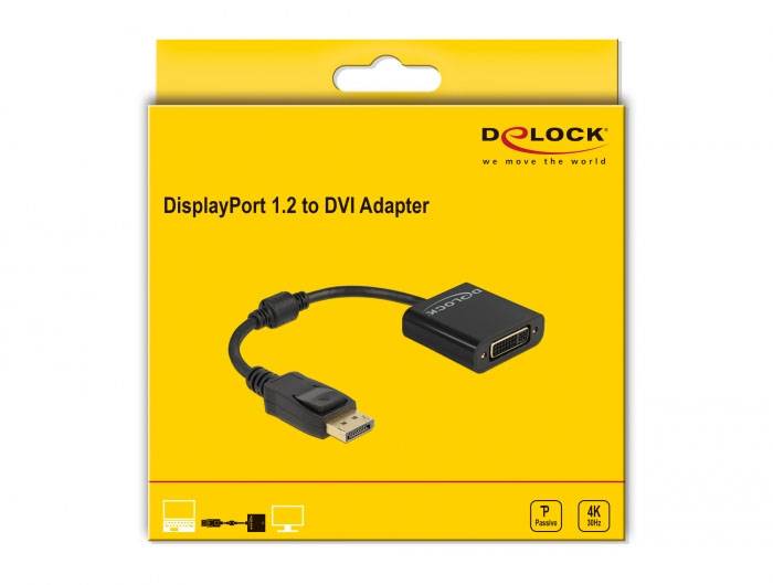 DisplayPort 1.2 auf DVI Adapter im gelben Karton, geeignet für 4K Videoübertragung.