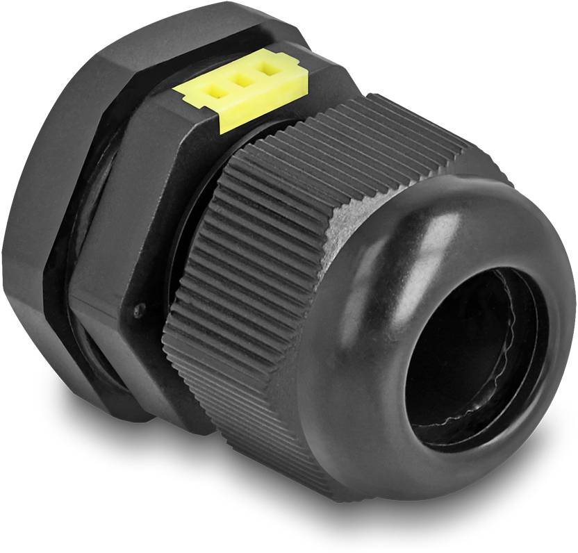 Schwarzes Kabelverschraubungsteil aus Kunststoff, mit gelbem Einsatz. Wird zur Abdichtung und Zugentlastung von Kabeln verwendet.