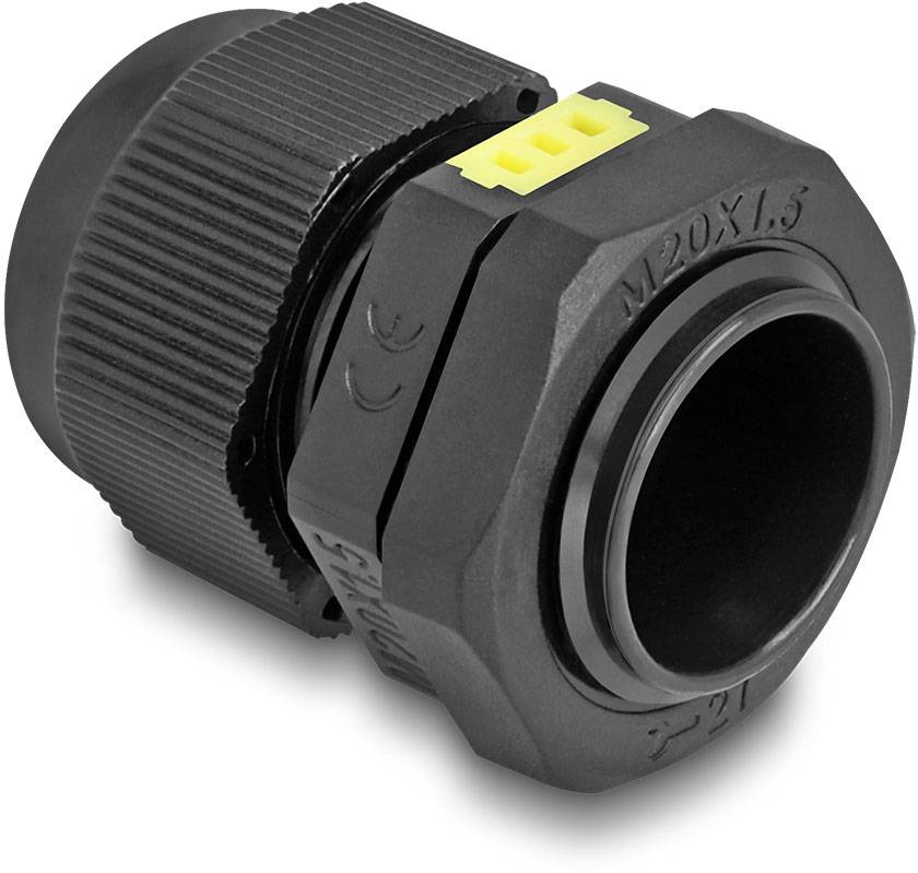 Ein schwarzer Kabelverschraubungsadapter mit gelbem Detail, markiert mit 'M20x1.5'. Verwendet für sicheren Kabelanschluss.