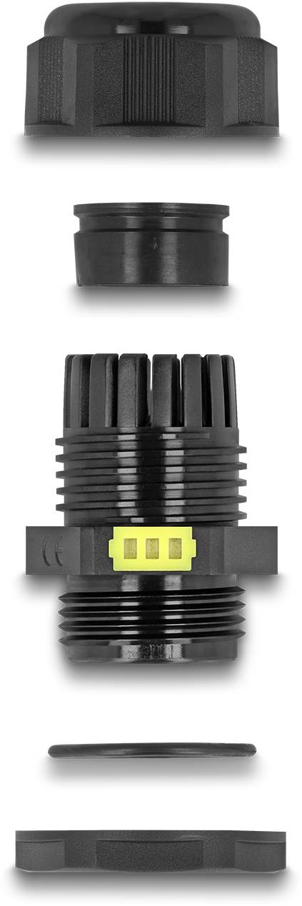 Mehrere schwarze Kunststoffteile eines Steckverbinders sind vertikal angeordnet. Ein gelbes Element ist in der Mitte sichtbar.