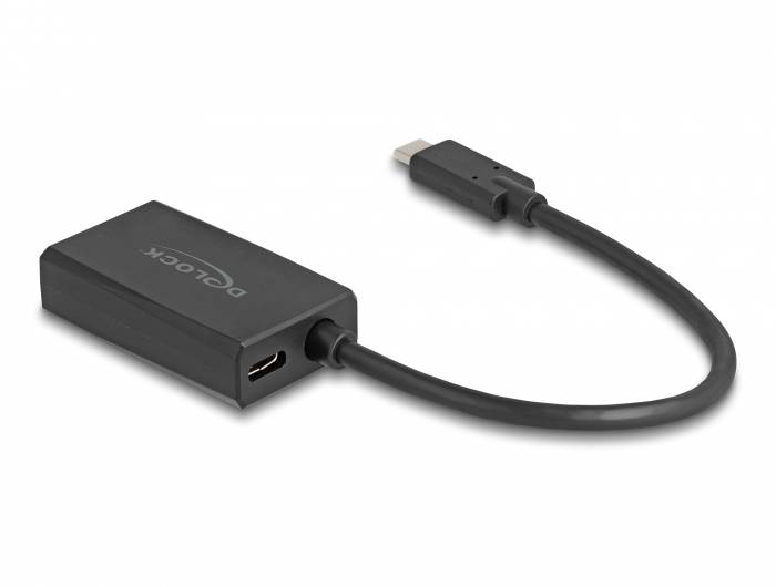 'Delock' HDMI-Adapter, schwarz, mit HDMI-Kabel an einem Ende und USB-C-Stecker am anderen, geeignet für Videoübertragung.