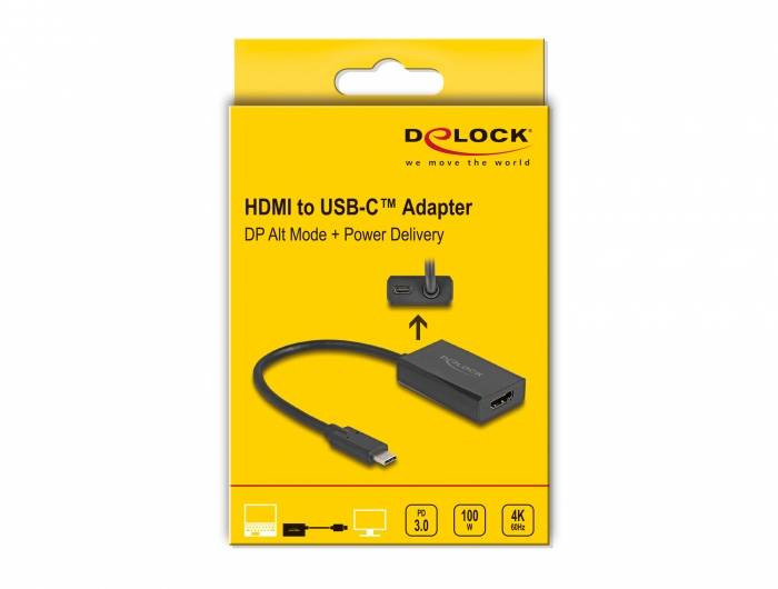 Gelbe Verpackung eines HDMI zu USB-C Adapters von Delock, mit DP Alt Mode und Power Delivery. Unterstützt 4K. Abbildungen von Geräten.