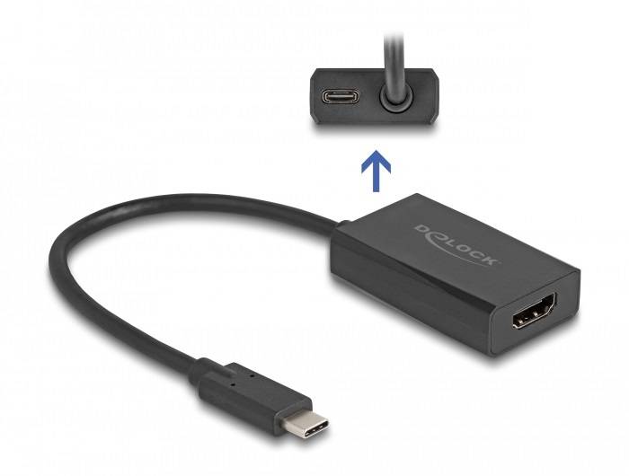 Ein USB-C-auf-HDMI-Adapter, mit einem USB-C-Stecker und einem HDMI-Anschluss, der ein Kabel zur Verbindung von Geräten zeigt.