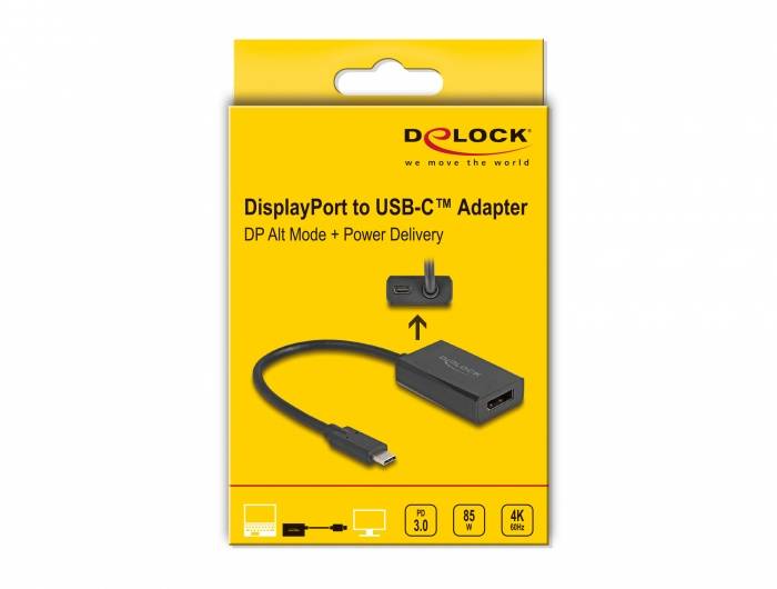 Gelbe Verpackung eines DisplayPort zu USB-C Adapters von Delock mit Unterstützung für DP Alt Mode und Power Delivery.