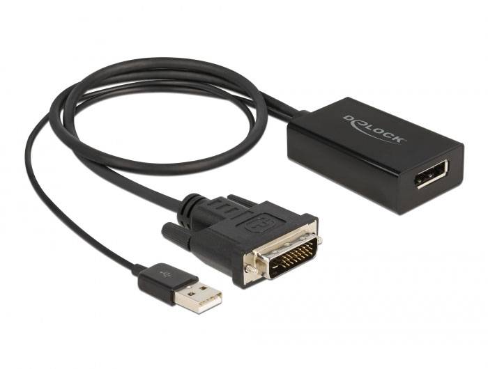 Delock 63189 DisplayPort / DVI / USB Adapter [1x DVI-Stecker 24+1pol., USB-A Stecker - 1x DisplayPort Buchse] Schwarz 0.50m