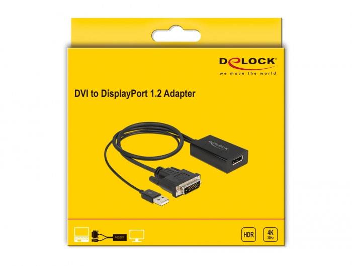 Delock 63189 DisplayPort / DVI / USB Adapter [1x DVI-Stecker 24+1pol., USB-A Stecker - 1x DisplayPort Buchse] Schwarz 0.50m