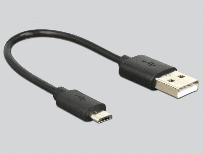 Ein schwarzes USB-Kabel mit einem Standard-USB-A-Stecker auf der einen Seite und einem Micro-USB-Stecker auf der anderen Seite.