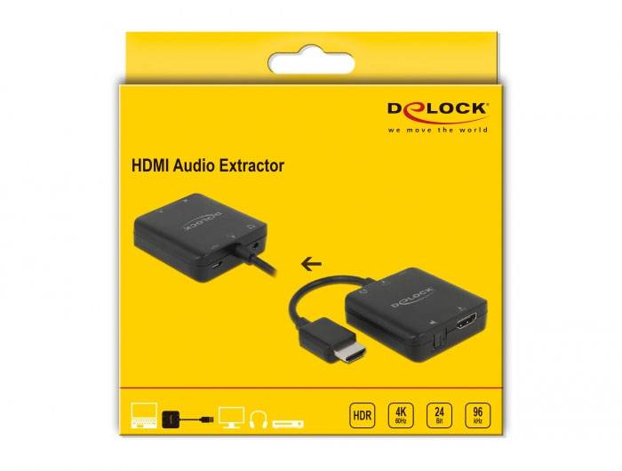 Gelbe Verpackung eines HDMI Audio Extractors der Marke Delock. Zeigt Gerät mit HDMI- und Audiokabeln, geeignet für verschiedene Geräte.