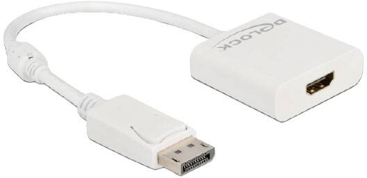 Ein weißer Adapter mit einem DisplayPort-Stecker auf der einen Seite und einem HDMI-Buchse auf der anderen. Markenname 'Delock'.