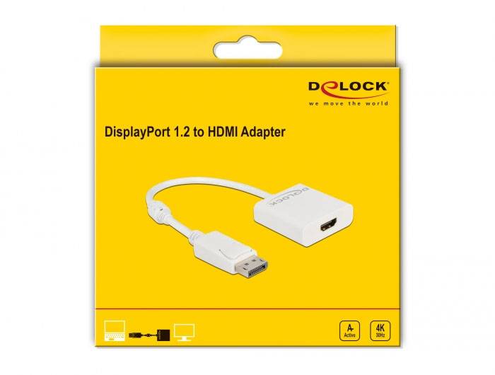 'DisplayPort 1.2 to HDMI Adapter' von Delock in gelber Verpackung. Eignung für 4K, zeigt DisplayPort- und HDMI-Anschluss.