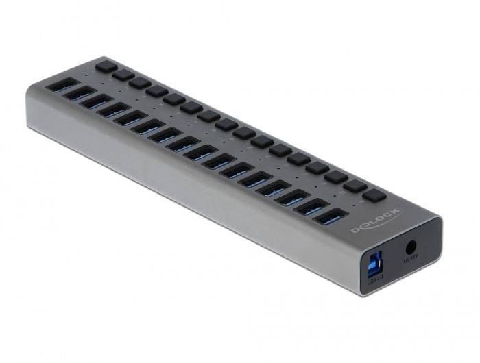 Delock 63739 USB-Hub 16 Port USB-A, DC-Buchse 3.5mm USB 3.2 Gen1 5 GBit/s Grau 63739
