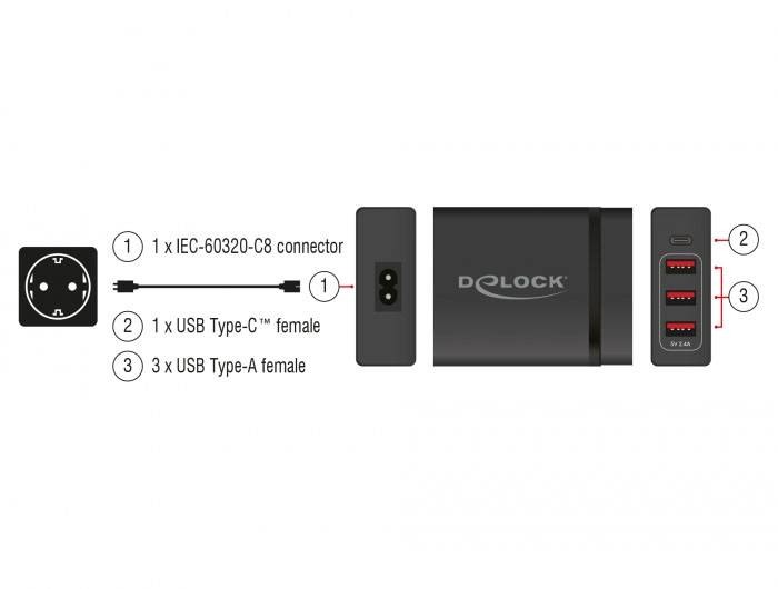 Delock 63974 USB Ladegerät 60W USB-C®, USB-A USB PD Schwarz Steckdose USB Power Delivery (USB-PD), Überstromschutz