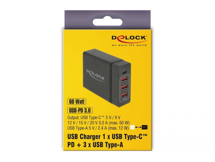 Delock 63974 USB Ladegerät 60W USB-C®, USB-A USB PD Schwarz Steckdose USB Power Delivery (USB-PD), Überstromschutz