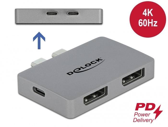 USB-C Adapter von Delock mit zwei HDMI-Anschlüssen, unterstützt 4K bei 60 Hz. 'PD Power Delivery' Logo unten rechts.