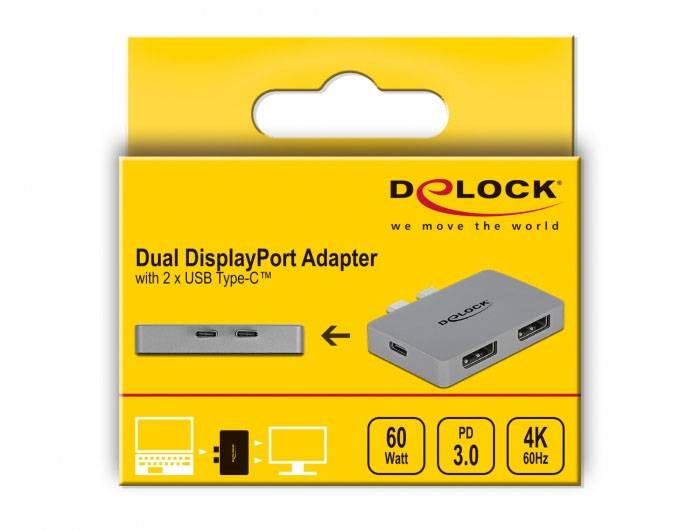 Die Verpackung zeigt einen Delock Dual DisplayPort Adapter mit 2 USB Type-C-Anschlüssen. Geeignet für 4K 60Hz, 60 Watt, PD 3.0.
