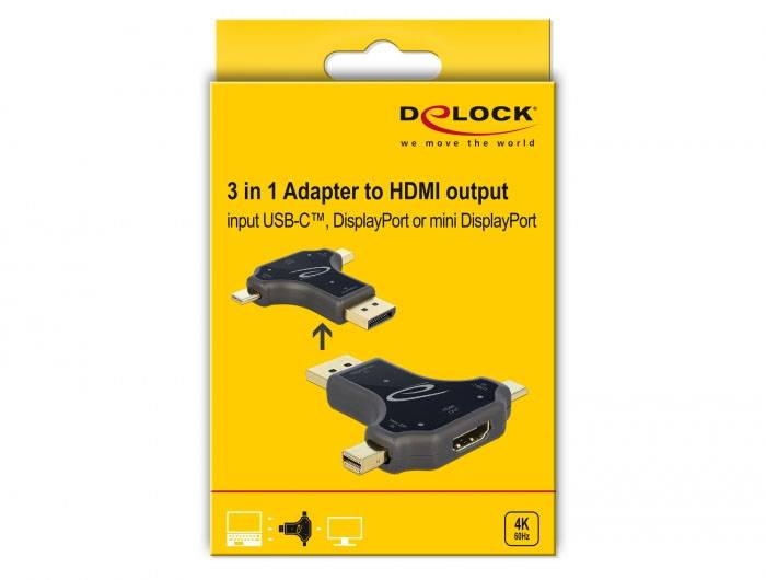 '3 in 1 Adapter für HDMI-Ausgang: USB-C, DisplayPort oder Mini DisplayPort Eingänge.' Verpackung des Delock Adapters.