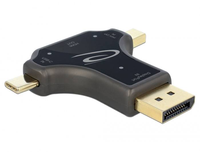 Adapter mit HDMI-, USB-C- und DisplayPort-Anschlüssen, geeignet zum Verbinden verschiedener Video- und Audioquellen mit Displays.