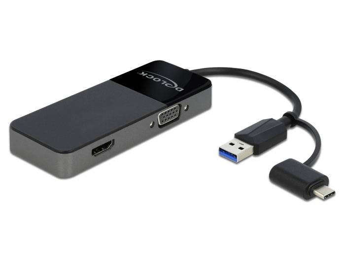 Delock 64085 USB 3.2 Gen 1 (USB 3.0) / HDMI / VGA Adapter Schwarz 12cm